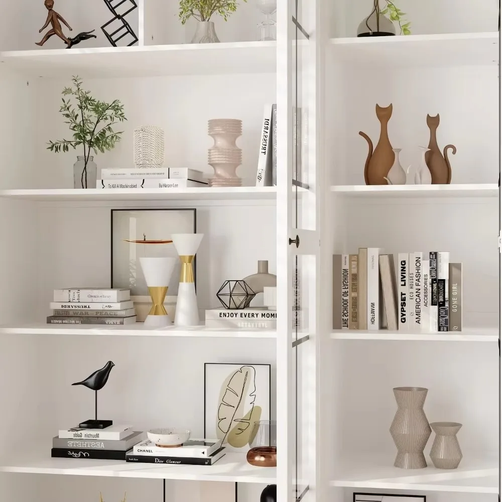 Display Cabinet with Glass Doors,Curio Cabinet with Drawers and Shelves,White Glass Storage Cabinet, Living Room Kitchen - Image 5