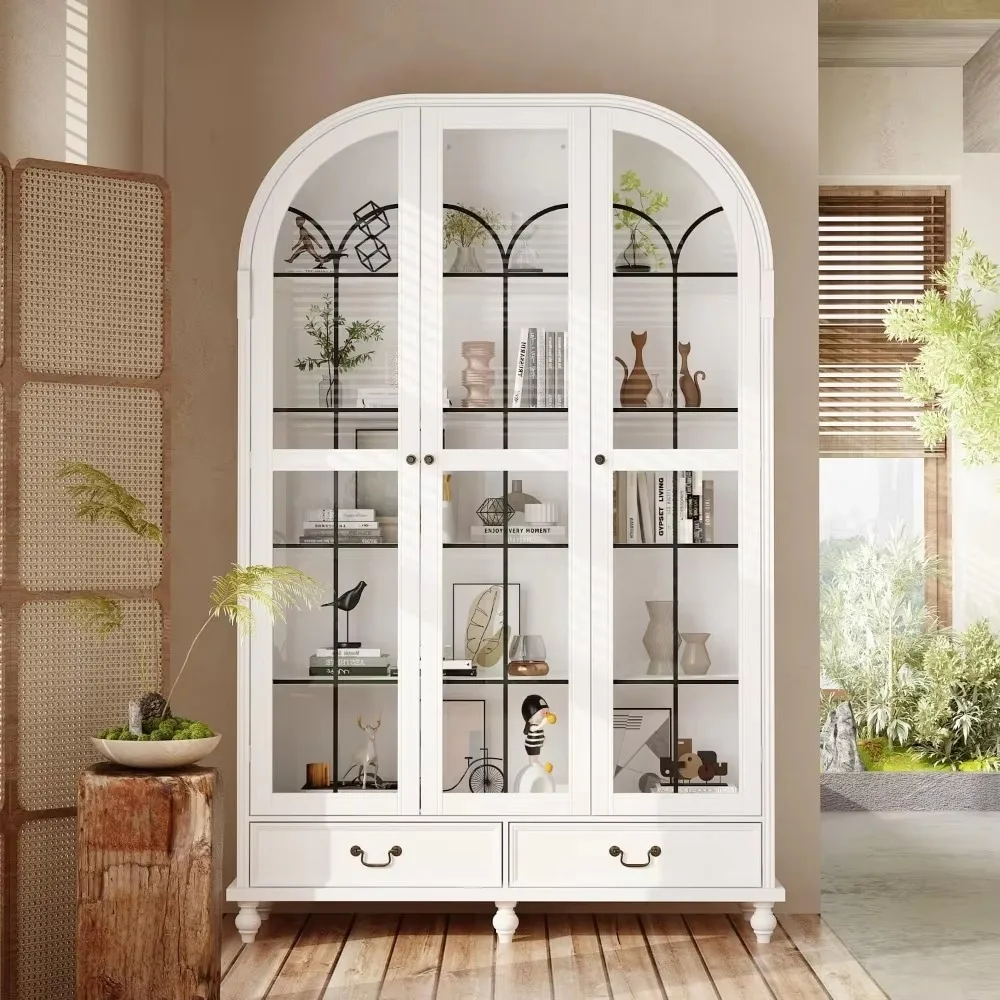 Display Cabinet with Glass Doors,Curio Cabinet with Drawers and Shelves,White Glass Storage Cabinet, Living Room Kitchen - Image 3