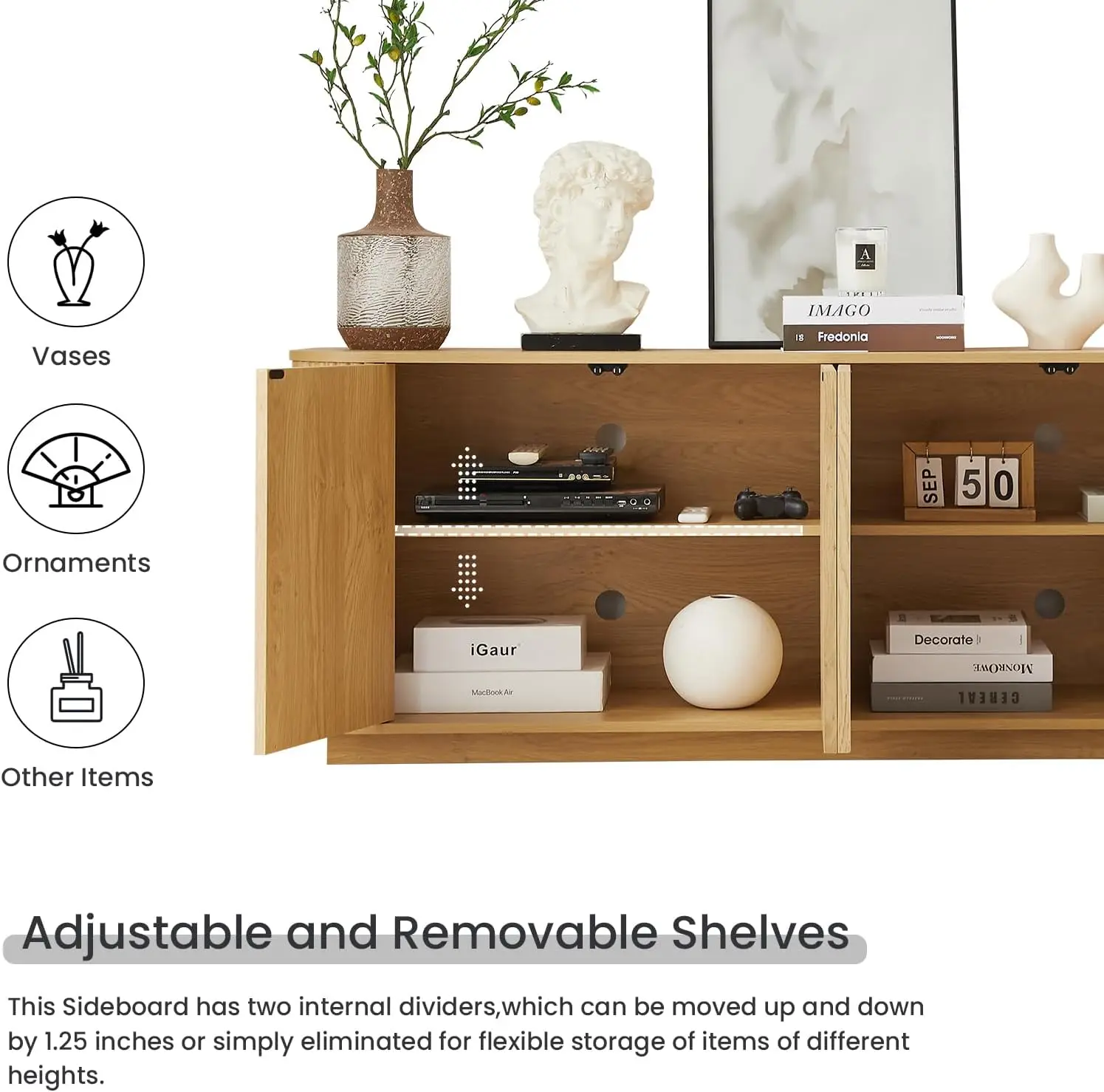 64" Sideboard Buffet Cabinet , Wooden Fluted Storage Cabinet Sideboard with Adjustable Shelves Pressed Spring for Living Room - Image 5